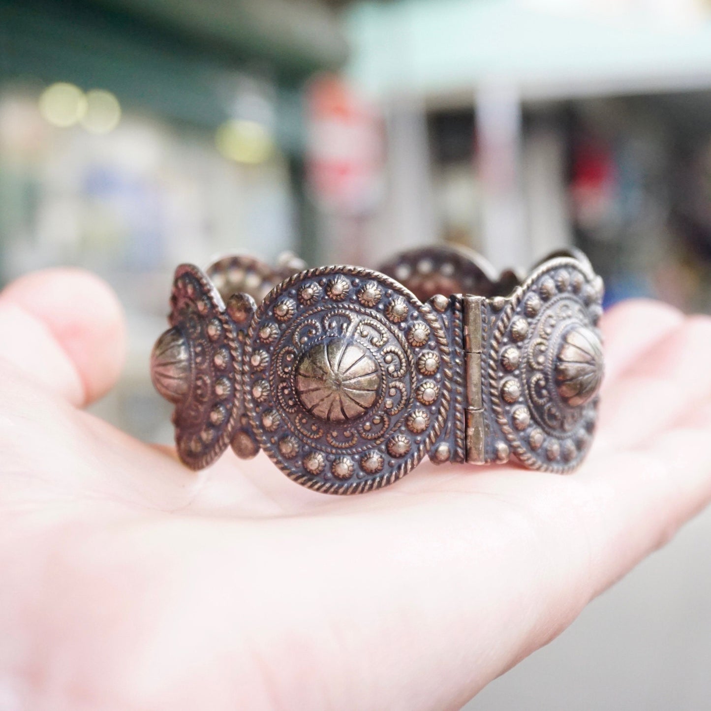 Vintage Silver Medallion Bangle Bracelet, Hinged Silver Bracelet With Intricate Hammered Details, Ornate Silver Bracelet With Pin Closure