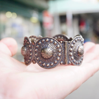 Vintage Silver Medallion Bangle Bracelet, Hinged Silver Bracelet With Intricate Hammered Details, Ornate Silver Bracelet With Pin Closure