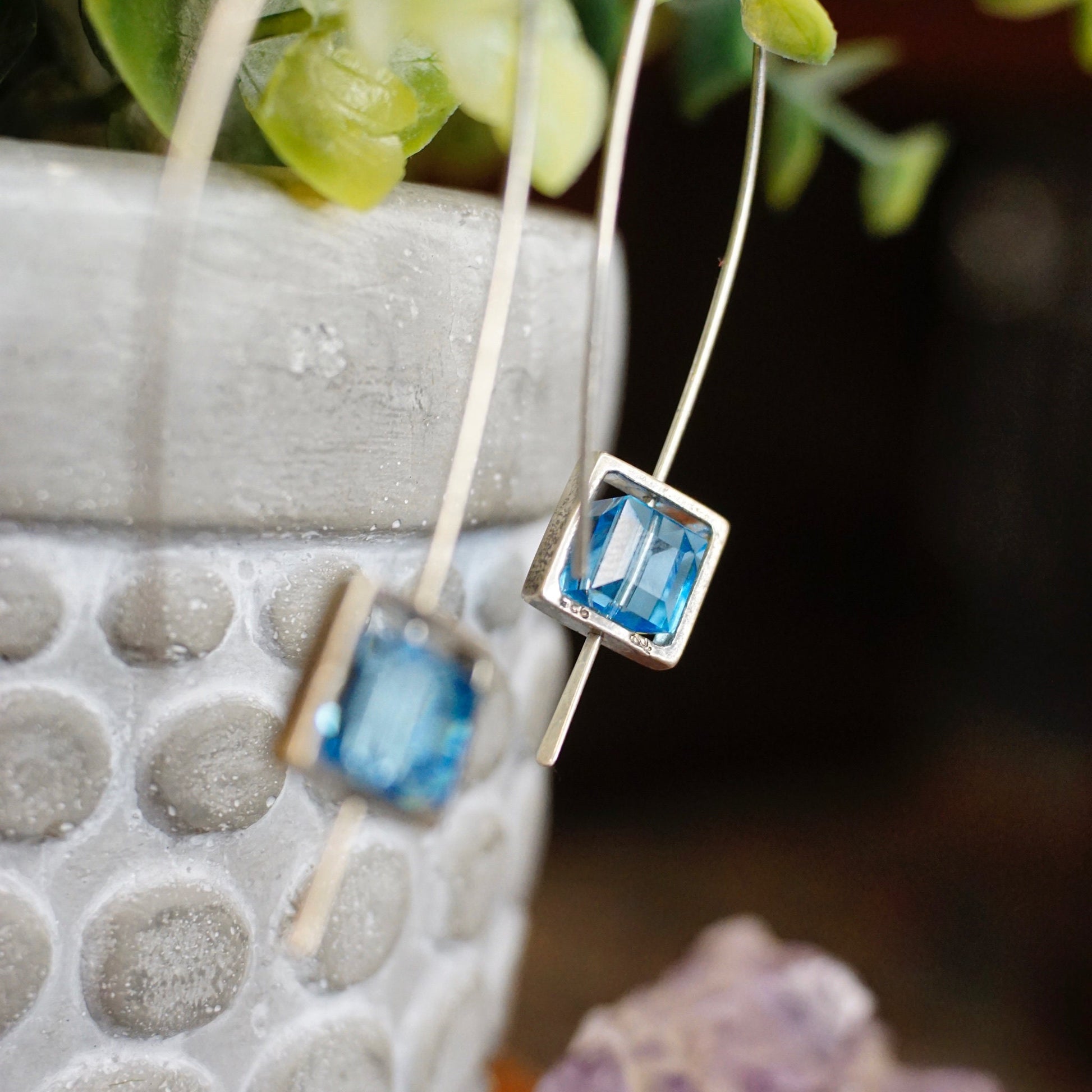 Vintage sterling silver marquise hook earrings with framed blue glass stones, minimalist 925 silver and glass dangle earrings