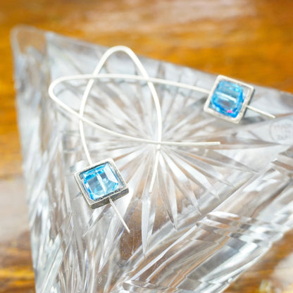 Vintage sterling silver marquise hook earrings with framed blue glass, minimalist silver and glass earrings, 925 silver.