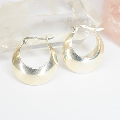 Vintage sterling silver half moon hoop earrings with minimalist design, petite size, and 925 silver hallmark from CNA Thailand.