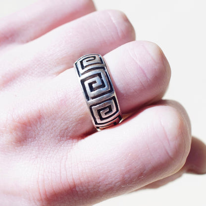 Vintage sterling silver square swirl Greek key band ring on hand, thick solid 925 silver dome ring, size 9 3/4 US