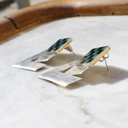 Vintage sterling silver hinged checker dangle earrings with inlaid glass or stone, modernist stud post earrings, 925 jewelry