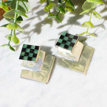 Vintage sterling silver hinged checker earrings with inlaid green and black glass or stone, unique modernist dangle post stud earrings, 925 silver jewelry