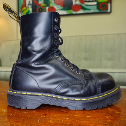 Discontinued Dr Martens Air Wair Black Leather Steel Toe Boots, Doc Martens Chunky Platform Boots, 10 Eyelets, Work Wear, Size UK 8 US 9/10