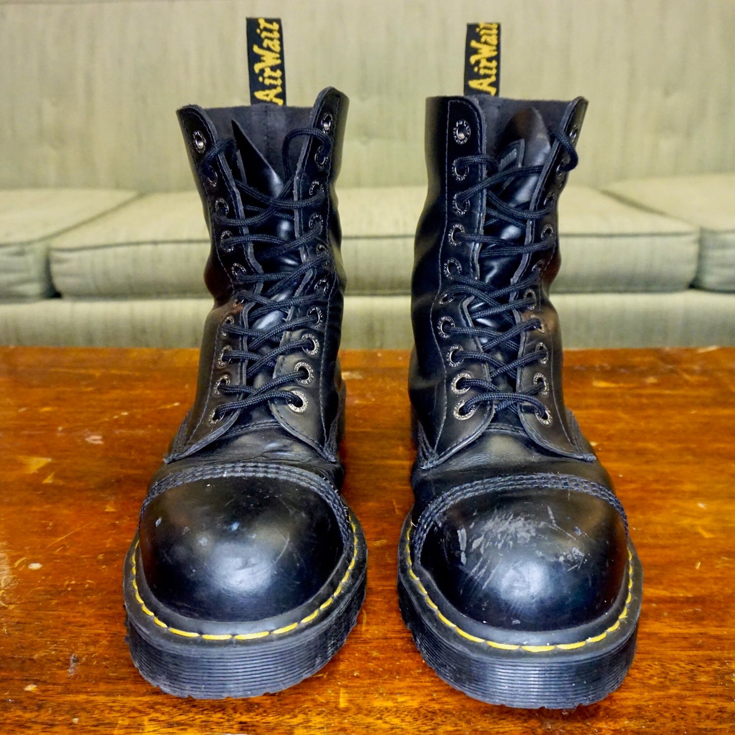 Discontinued Dr Martens Air Wair Black Leather Steel Toe Boots, Doc Martens Chunky Platform Boots, 10 Eyelets, Work Wear, Size UK 8 US 9/10