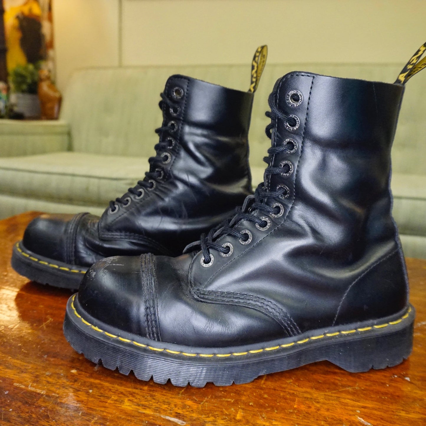 Discontinued Dr Martens Air Wair Black Leather Steel Toe Boots, Doc Martens Chunky Platform Boots, 10 Eyelets, Work Wear, Size UK 8 US 9/10