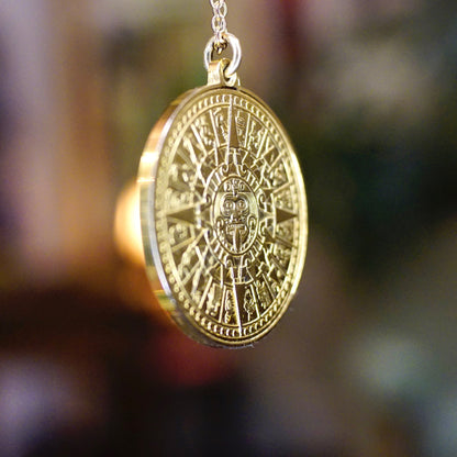 Vintage 24KT gold electroplated sterling silver Mayan Sun Calendar pendant necklace with double-sided Aztec Sun God medallion design on 24 inch cable chain