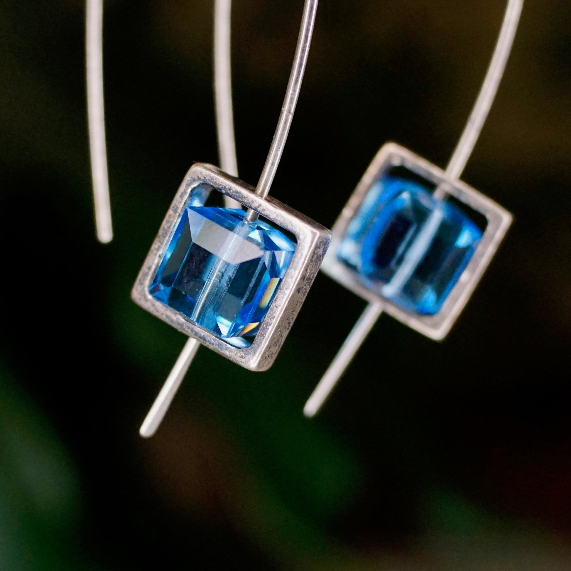 Vintage sterling silver marquise hook earrings with framed blue glass, minimalist 925 silver and glass earrings