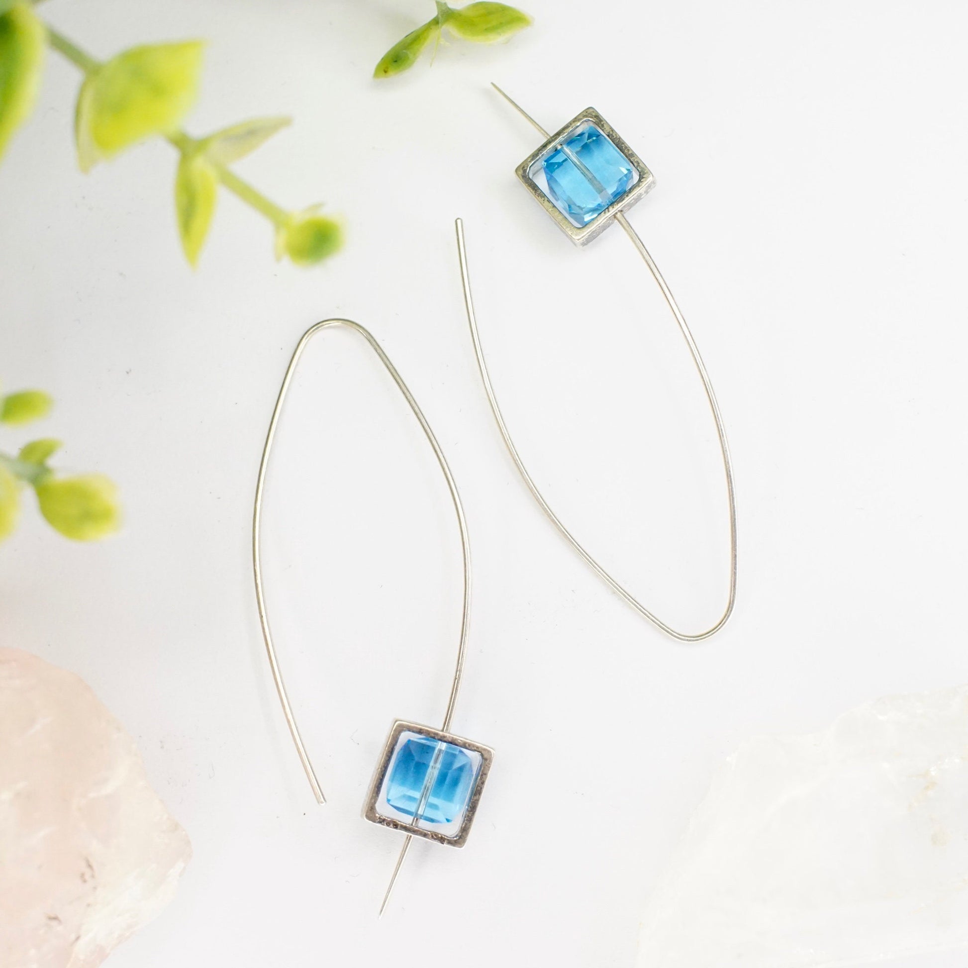 Vintage sterling silver marquise hook earrings with framed blue glass, minimalist 925 silver and glass dangle earrings