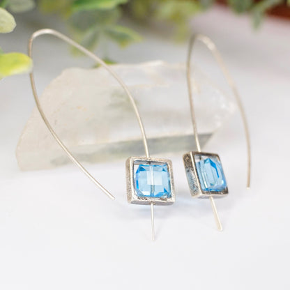 Vintage sterling silver marquise hook earrings with framed blue glass, minimalist 925 silver and glass earrings