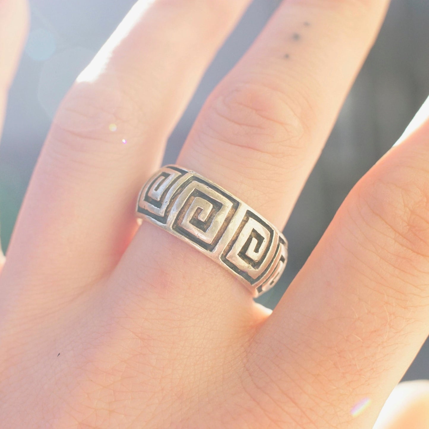 Vintage sterling silver square swirl Greek key band ring on finger, thick solid 925 silver dome ring, size 9 3/4 US