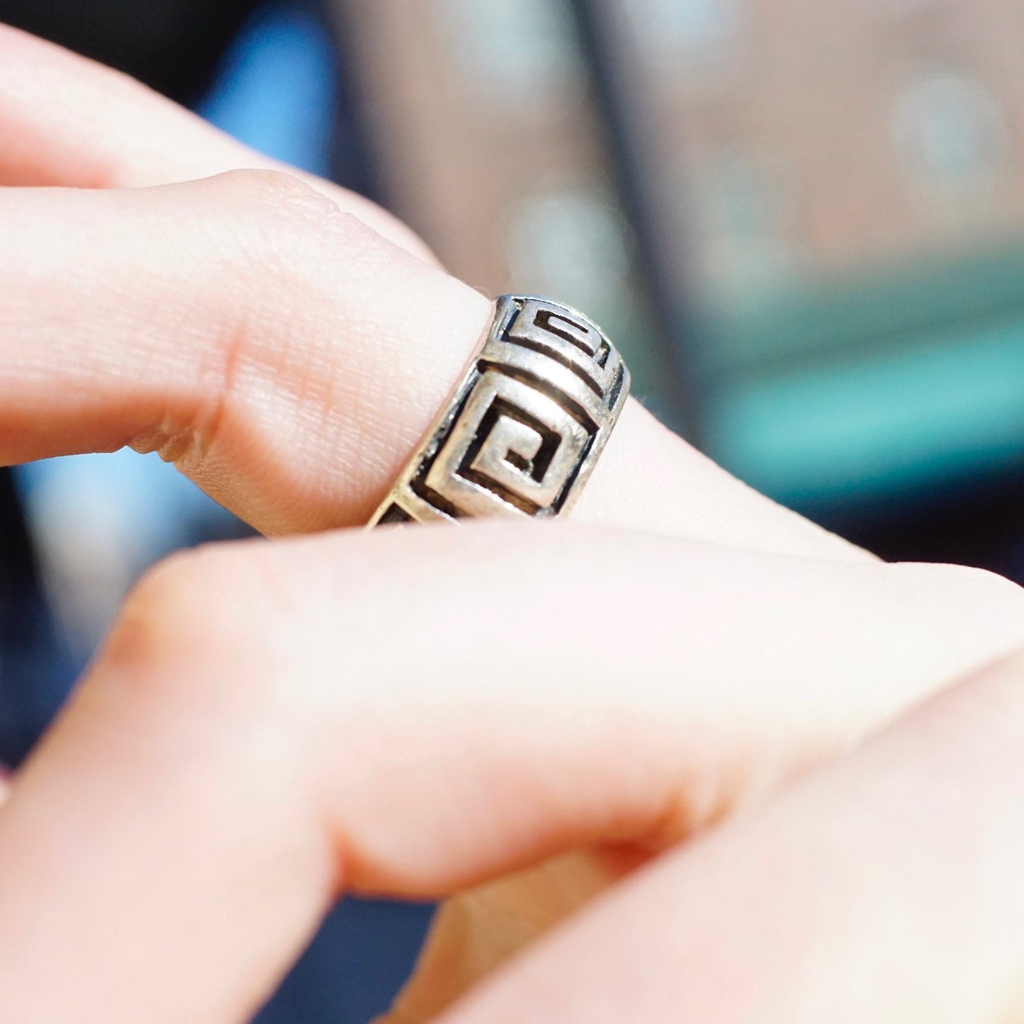 Vintage sterling silver square swirl Greek key band ring on finger