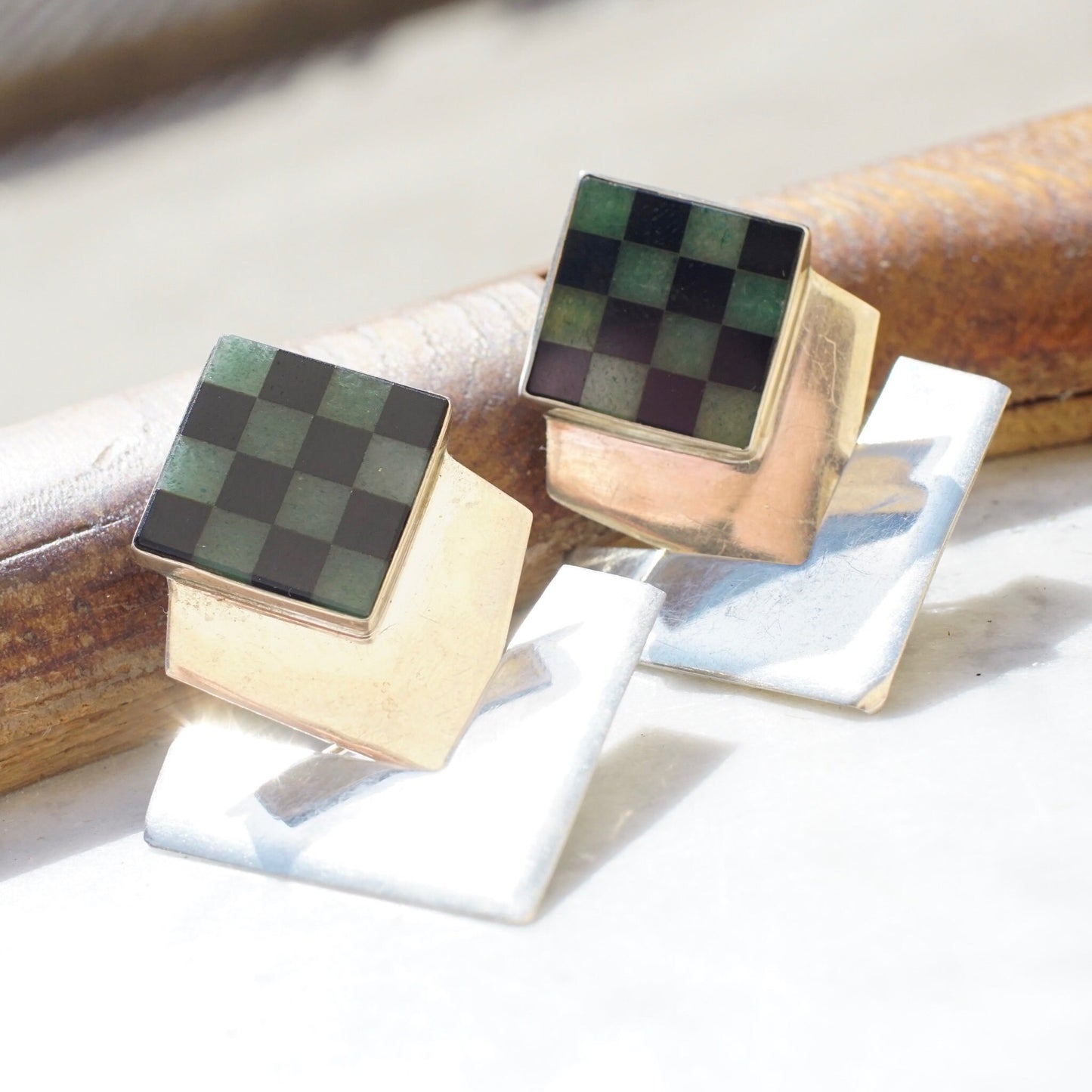 Vintage sterling silver hinged post earrings with inlaid green and black checkerboard glass or stone pattern, unique modernist geometric dangle stud earrings, 925 jewelry