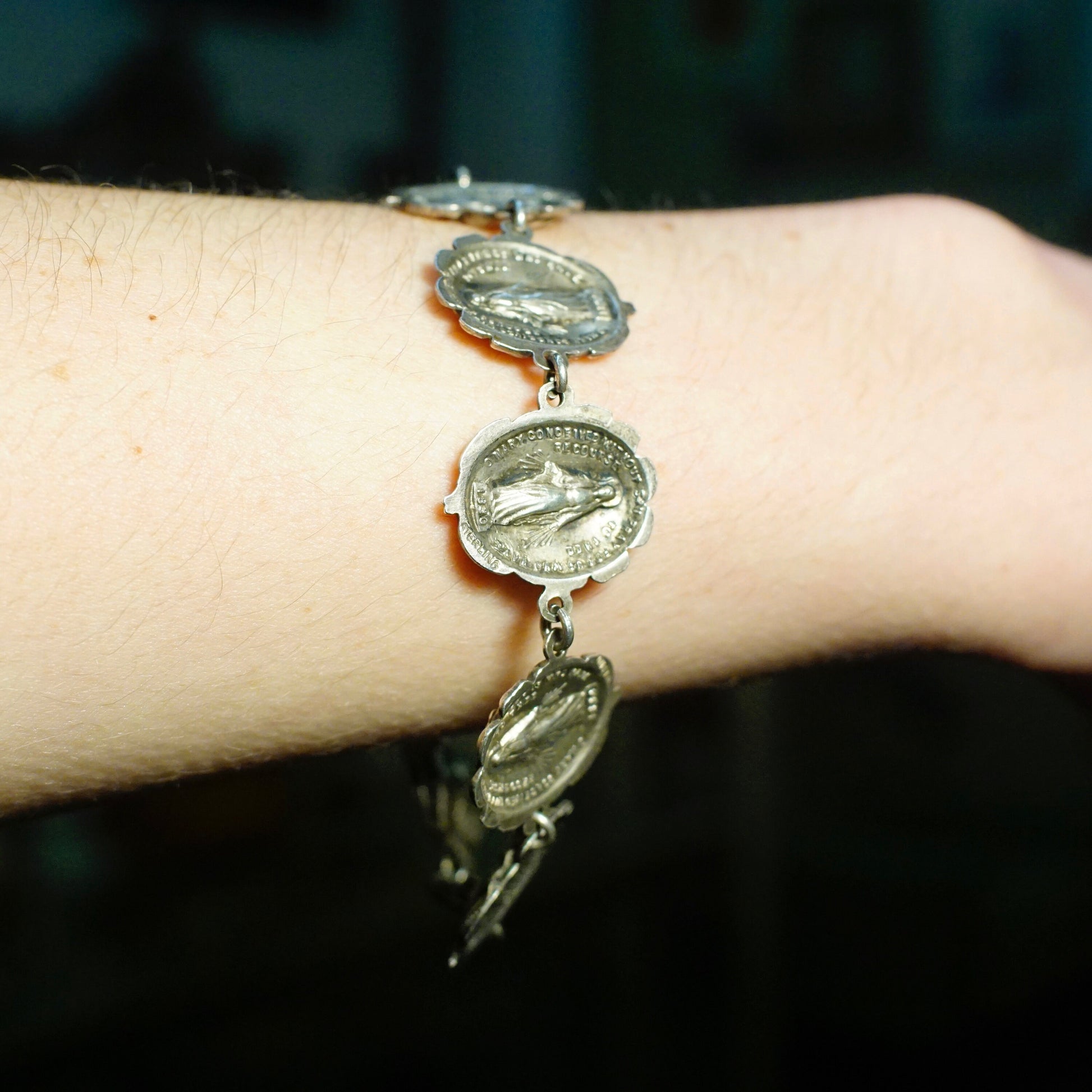 Vintage HMH Sterling Silver Reversible Bracelet with Rosebud and Mother Mary Charms, 925 Religious Jewelry