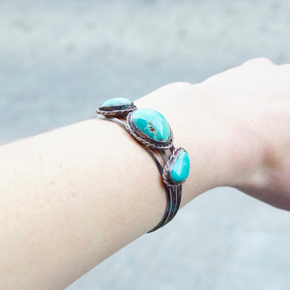 Vintage Native American Turquoise Cuff Bracelet, Navajo Cuff With 3 Silver Set Natural Turquoise Stones, 3-Prong Cuff, Old Pawn Jewelry