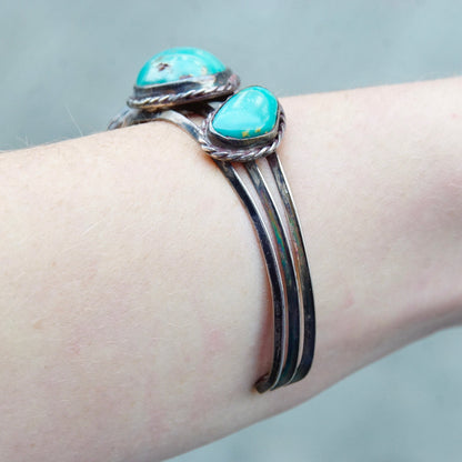 Vintage Native American Turquoise Cuff Bracelet, Navajo Cuff With 3 Silver Set Natural Turquoise Stones, 3-Prong Cuff, Old Pawn Jewelry