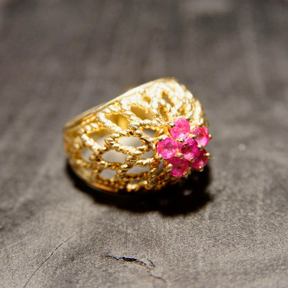 14K Pink Sapphire Bombe Ring In Yellow Gold, Woven Openwork Dome, Vintage Cocktail Ring, Estate Jewelry, Size 6 US