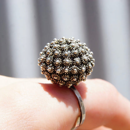 Vintage Modernist Sterling Silver Flower Ball Ring, Large Textured Dome Ring, Adjustable Silver Band, Statement Ring, Hecho En Mexico, 925