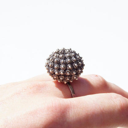 Vintage Modernist Sterling Silver Flower Ball Ring, Large Textured Dome Ring, Adjustable Silver Band, Statement Ring, Hecho En Mexico, 925