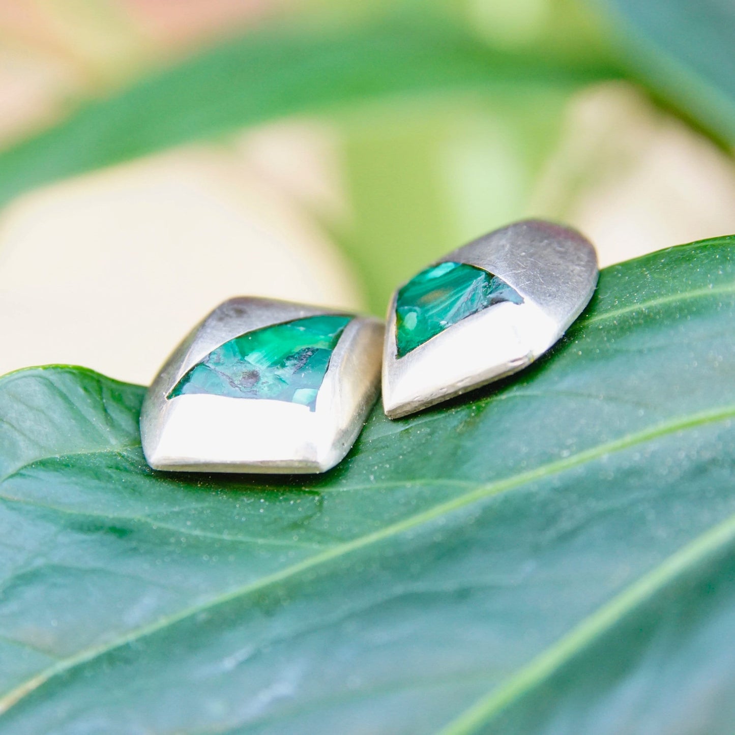 Vintage TAXCO Sterling Silver Mosaic Malachite Stud Earrings, Modernist Silver & Green Stone Earrings, Small Geometric Earrings, 925