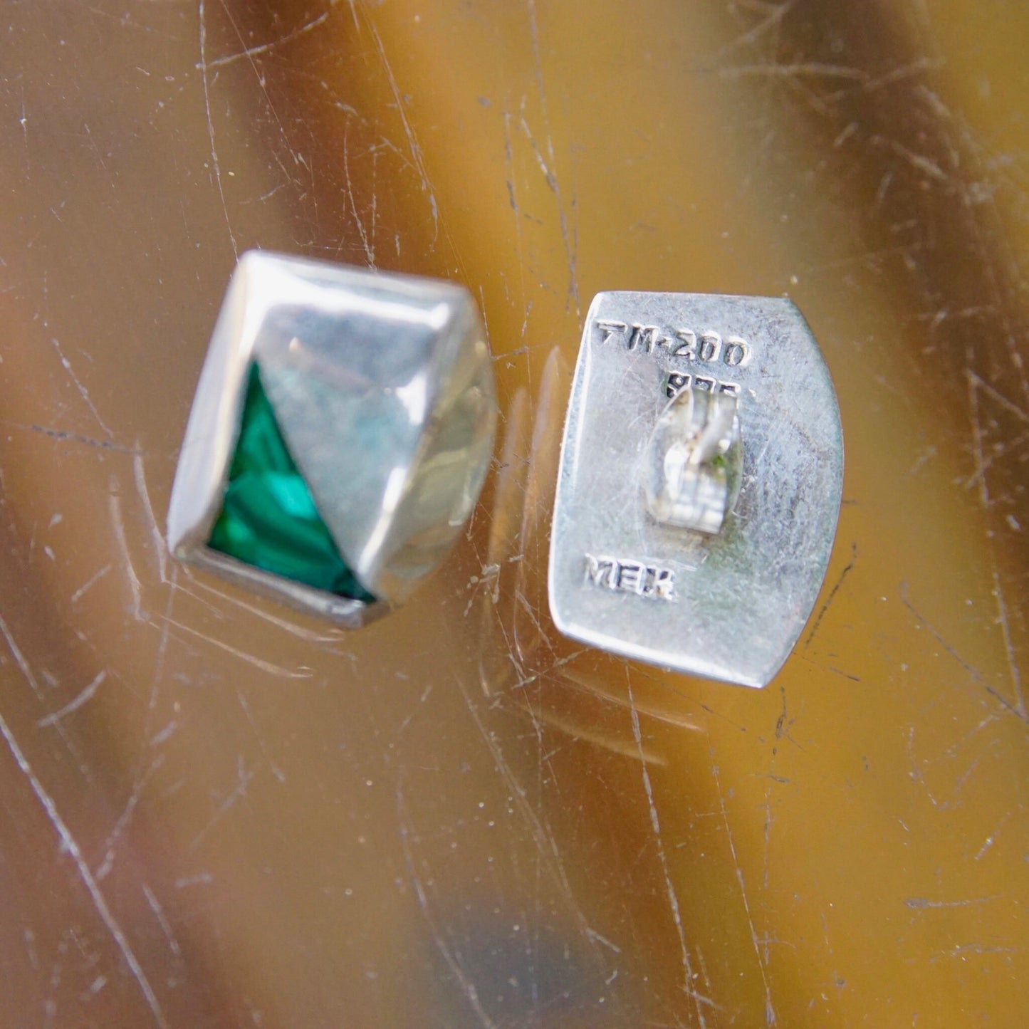 Vintage TAXCO Sterling Silver Mosaic Malachite Stud Earrings, Modernist Silver & Green Stone Earrings, Small Geometric Earrings, 925