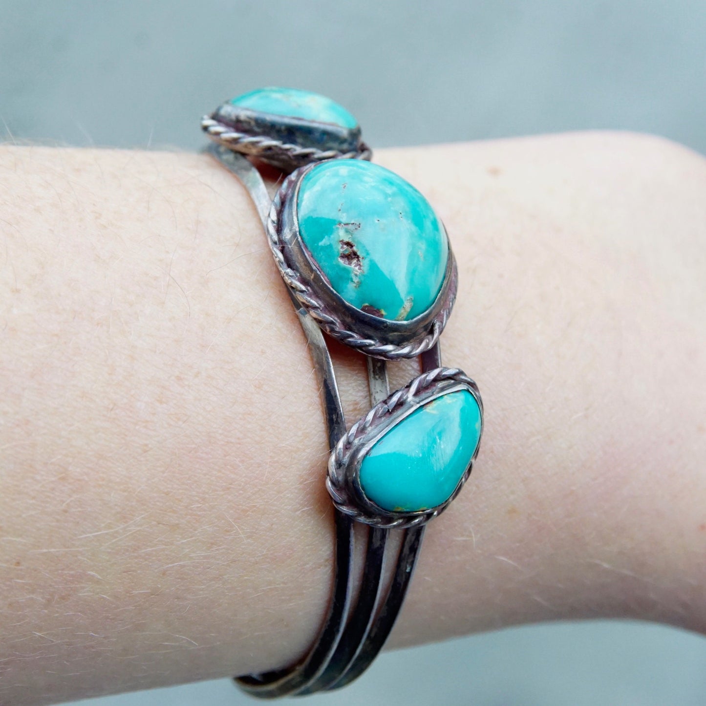 Vintage Native American Turquoise Cuff Bracelet, Navajo Cuff With 3 Silver Set Natural Turquoise Stones, 3-Prong Cuff, Old Pawn Jewelry