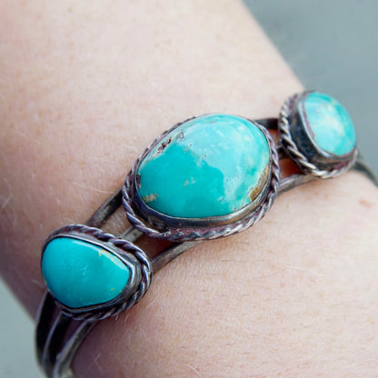 Vintage Native American Turquoise Cuff Bracelet, Navajo Cuff With 3 Silver Set Natural Turquoise Stones, 3-Prong Cuff, Old Pawn Jewelry