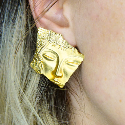 Vintage JJ Jonette Gold Tone Face Stud Earrings, Modernist Gilded Lady Face, Stylized Geisha, Large Abstract Face Earrings, Embossed Design