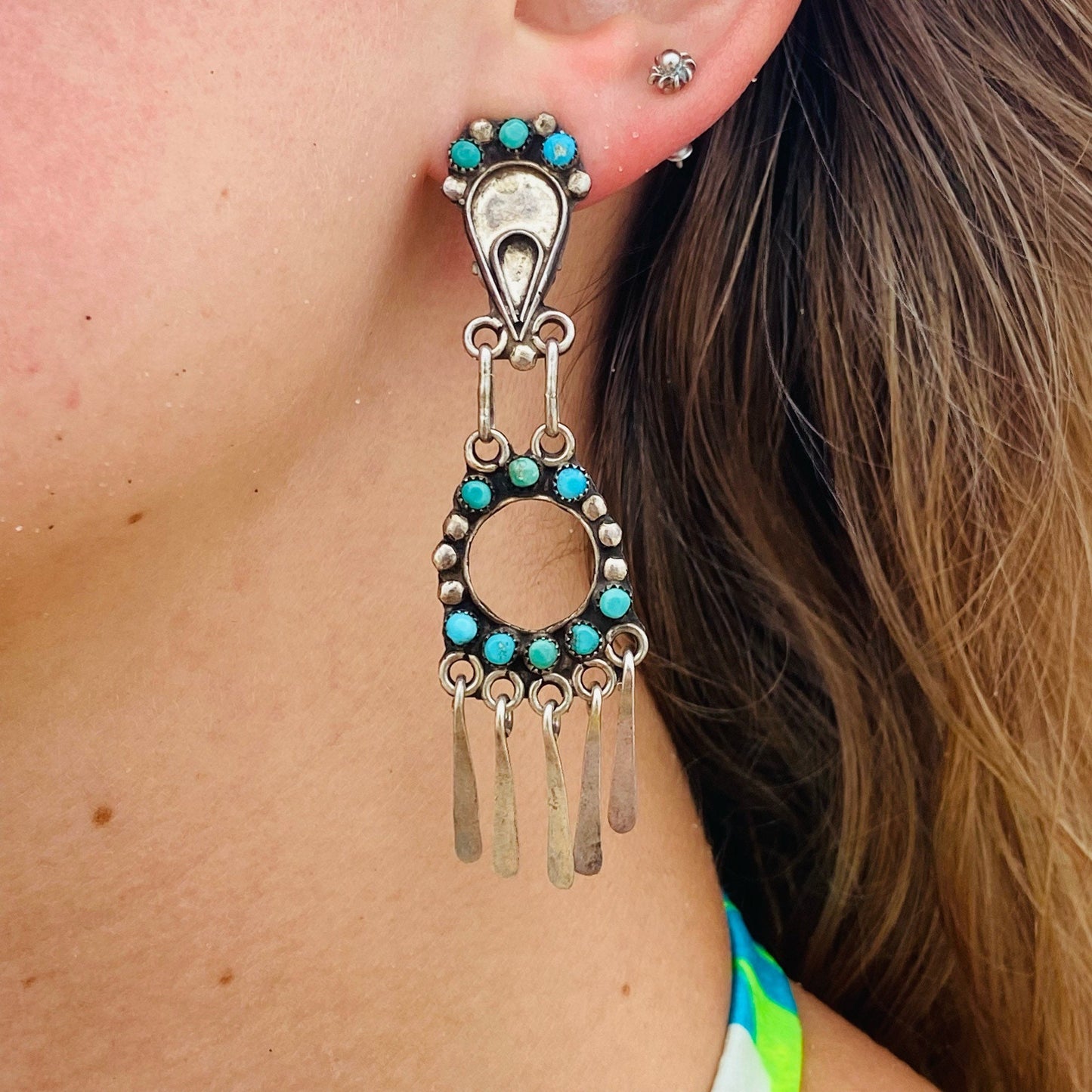 Vintage Zuni Native American Turquoise Dangle Clip On Earrings, Ornate Cut Out, Natural Blue Turquoise, Silver Tassels, Statement Earrings