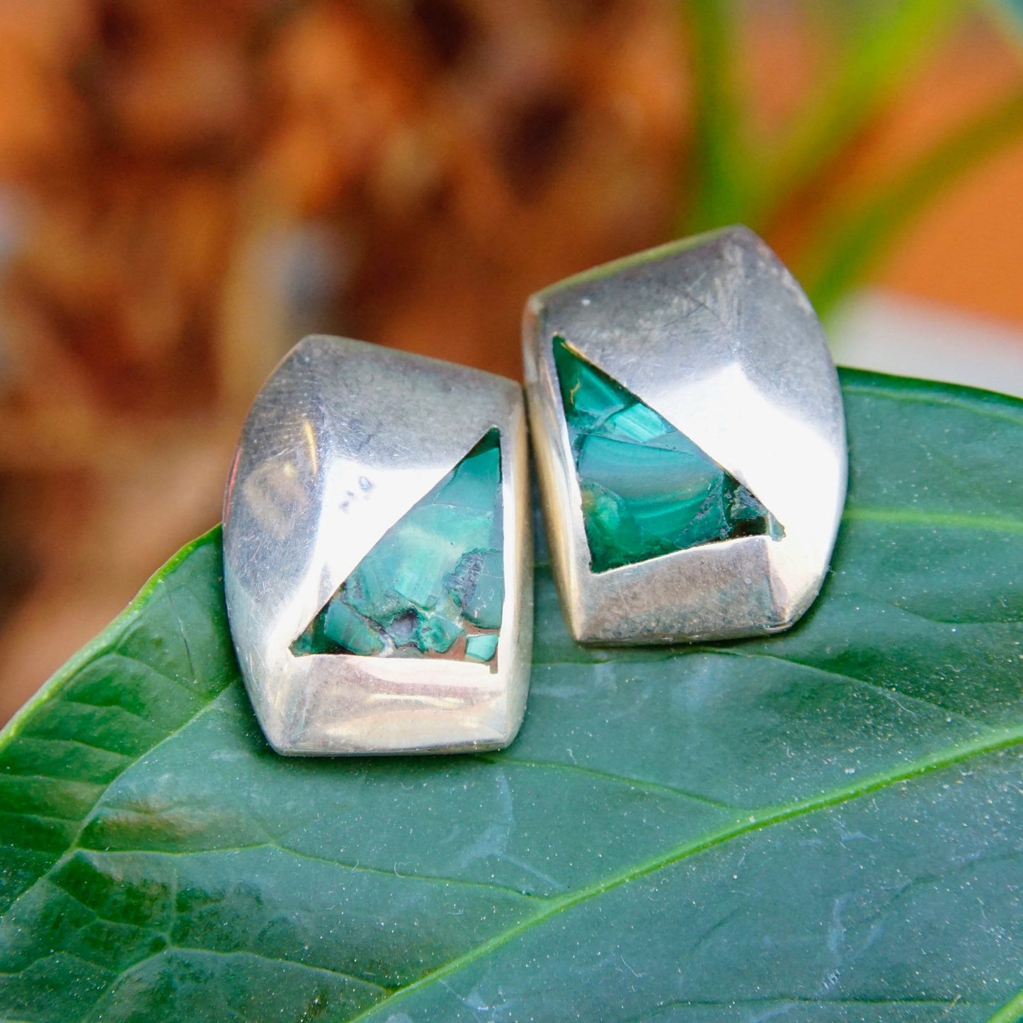 Vintage TAXCO Sterling Silver Mosaic Malachite Stud Earrings, Modernist Silver & Green Stone Earrings, Small Geometric Earrings, 925