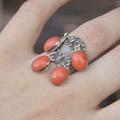 Vintage TAXCO sterling silver filigree ring with dangling red/orange beads, made in Mexico 925 silver, adjustable size, unique statement jewelry piece worn on finger