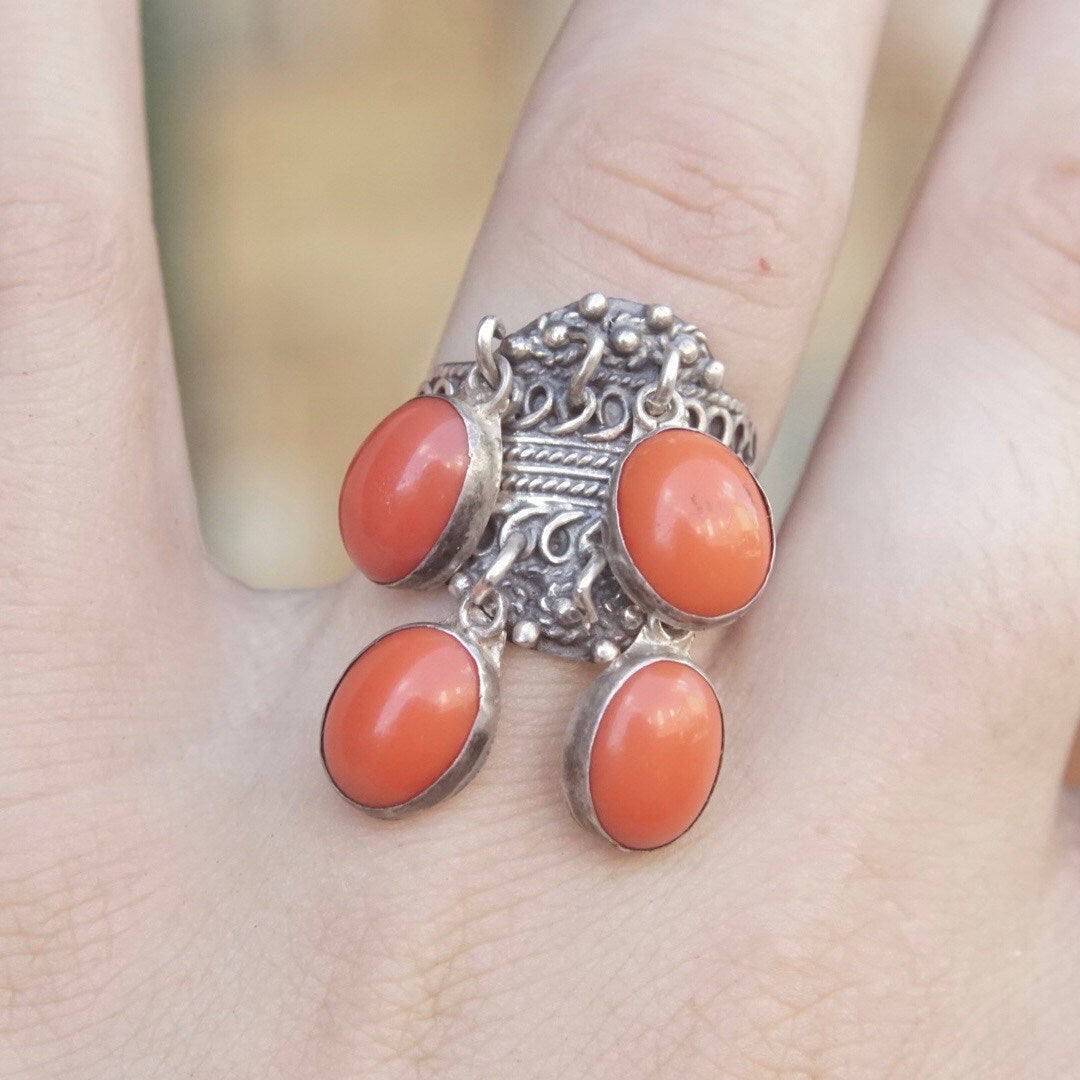 Vintage TAXCO Sterling Silver Filigree Ring with Hanging Red Orange Coral Beads, Mexico 925 Adjustable Tassel Ring