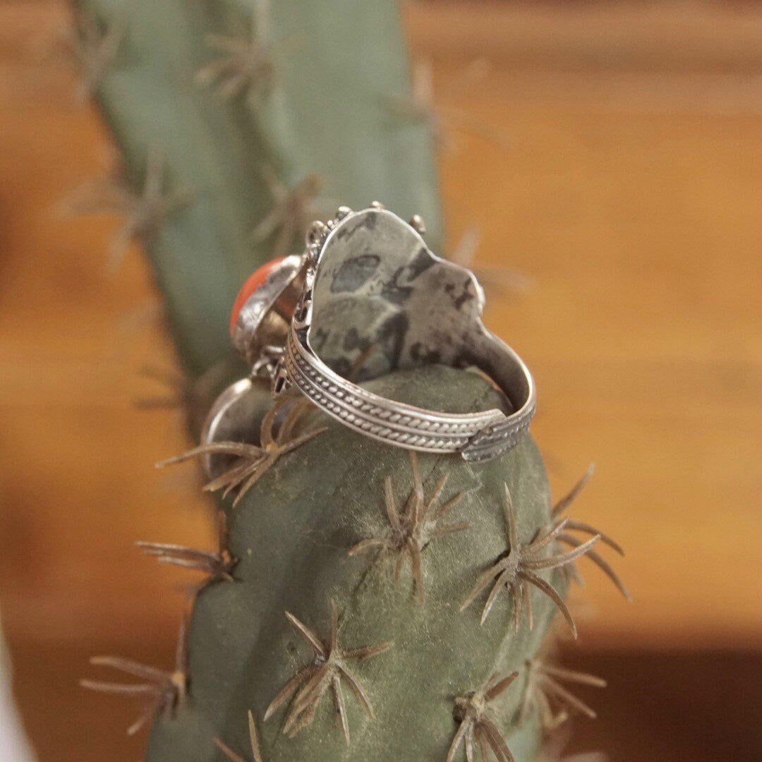 Vintage Taxco sterling silver filigree tassel ring with hanging red/orange beads on a green cactus, adjustable size, Mexican 925 silver artisan jewelry.