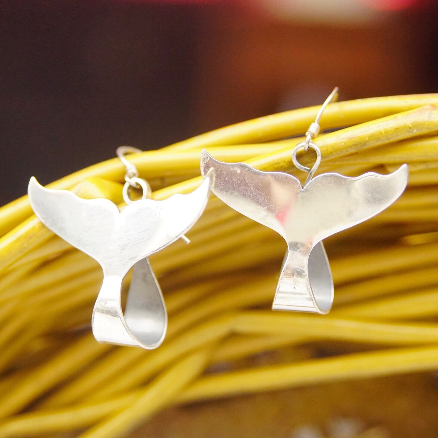 Sterling silver whale or dolphin tail dangle earrings hook style minimalist aquatic animal jewelry