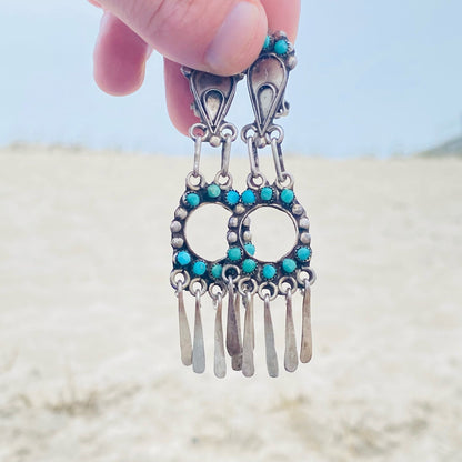 Vintage Zuni Native American Turquoise Dangle Clip On Earrings, Ornate Cut Out, Natural Blue Turquoise, Silver Tassels, Statement Earrings