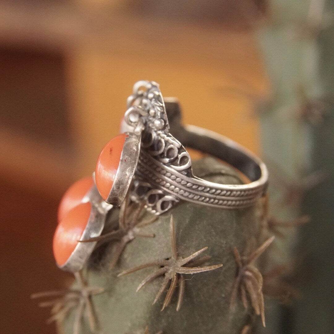 Vintage TAXCO Sterling Silver Tassel Ring with unique silver filigree design and hanging red/orange beads, made in Mexico from 925 silver, featuring an adjustable band.