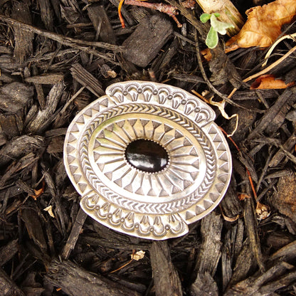 Vintage Signed FB Sterling Onyx Concho Belt Buckle, Hammered Silver Shield Buckle, Glassy Black Stone, Navajo Native American, 2 5/8" W