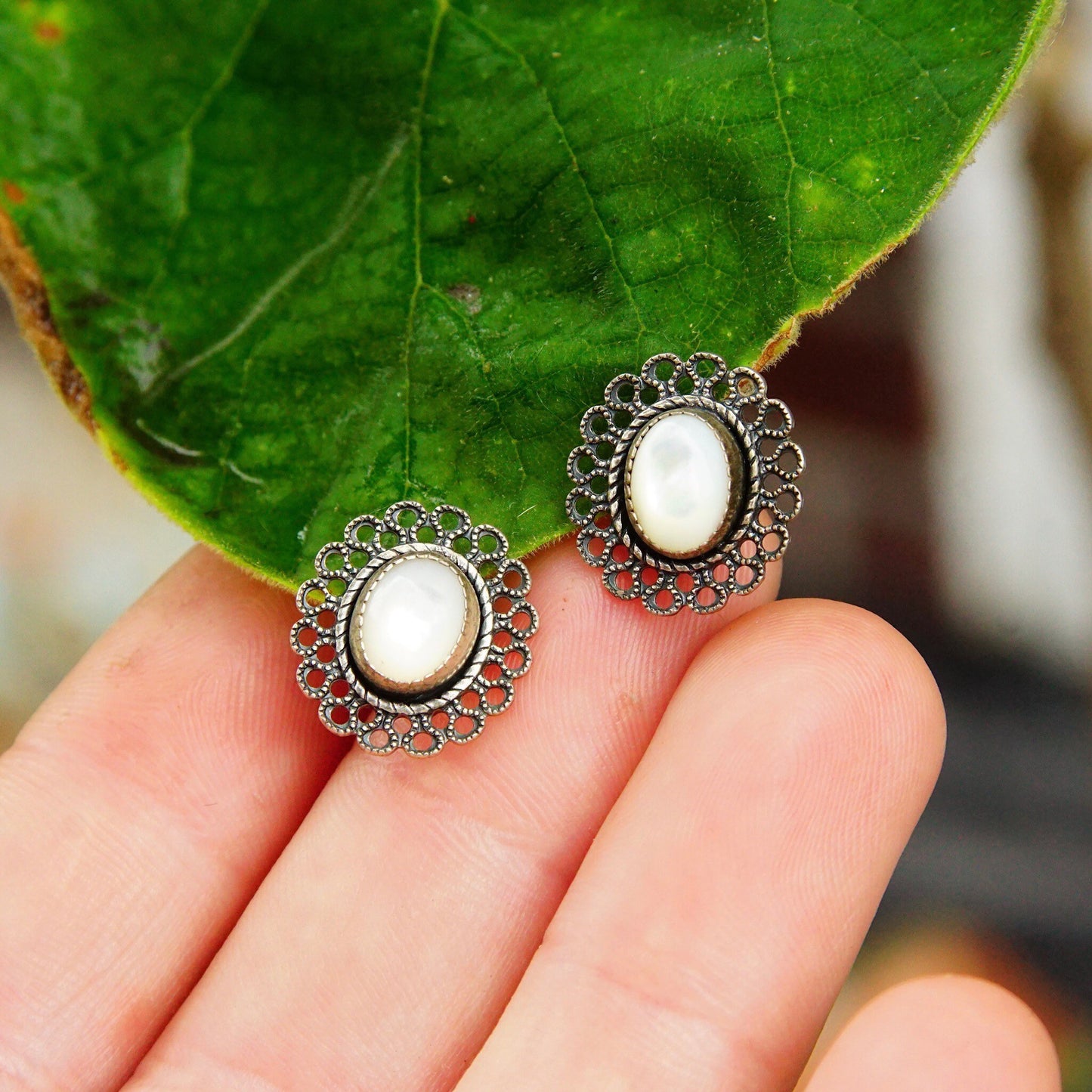 Vintage Silver Filigree Mother Of Pearl Stud Earrings, Iridescent White Shell, Ornate Silver Wire Frame, 5/8" L