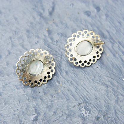 Vintage Silver Filigree Mother Of Pearl Stud Earrings, Iridescent White Shell, Ornate Silver Wire Frame, 5/8" L