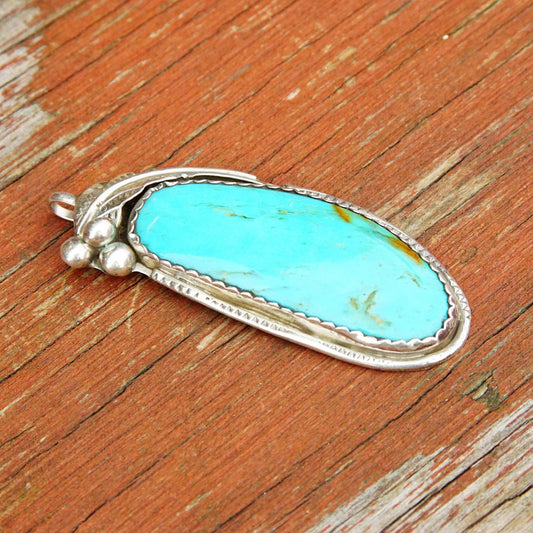 Vintage Signed Native American Sterling Silver Turquoise Pendant, E Sterling, Large Blue Turquoise Stone, Silver Leaf & Berry Design, 2 3/4"