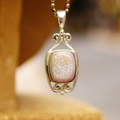Vintage Sajen Druzy Quartz Sterling Silver Pendant Necklace, Iridescent Purple/Pink Gemstone, 1.5mm Ball Chain, , 18 1/4" L