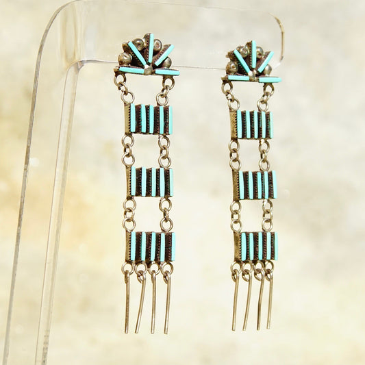 Vintage Zuni sterling silver needlepoint turquoise ladder dangle chandelier earrings, handmade Native American jewelry, 2 3/4 inches long.