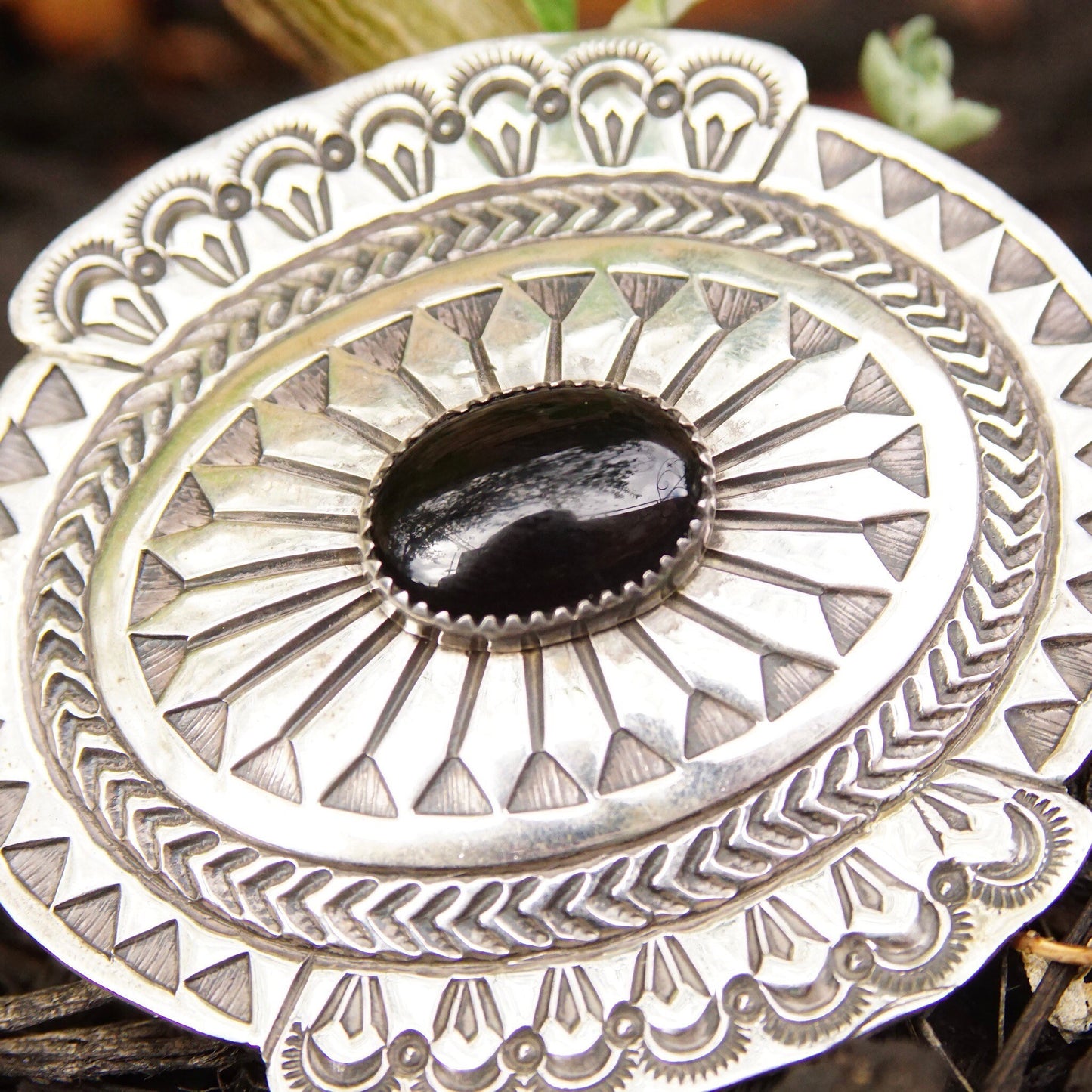 Vintage Signed FB Sterling Onyx Concho Belt Buckle, Hammered Silver Shield Buckle, Glassy Black Stone, Navajo Native American, 2 5/8" W