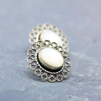 Vintage Silver Filigree Mother Of Pearl Stud Earrings, Iridescent White Shell, Ornate Silver Wire Frame, 5/8" L