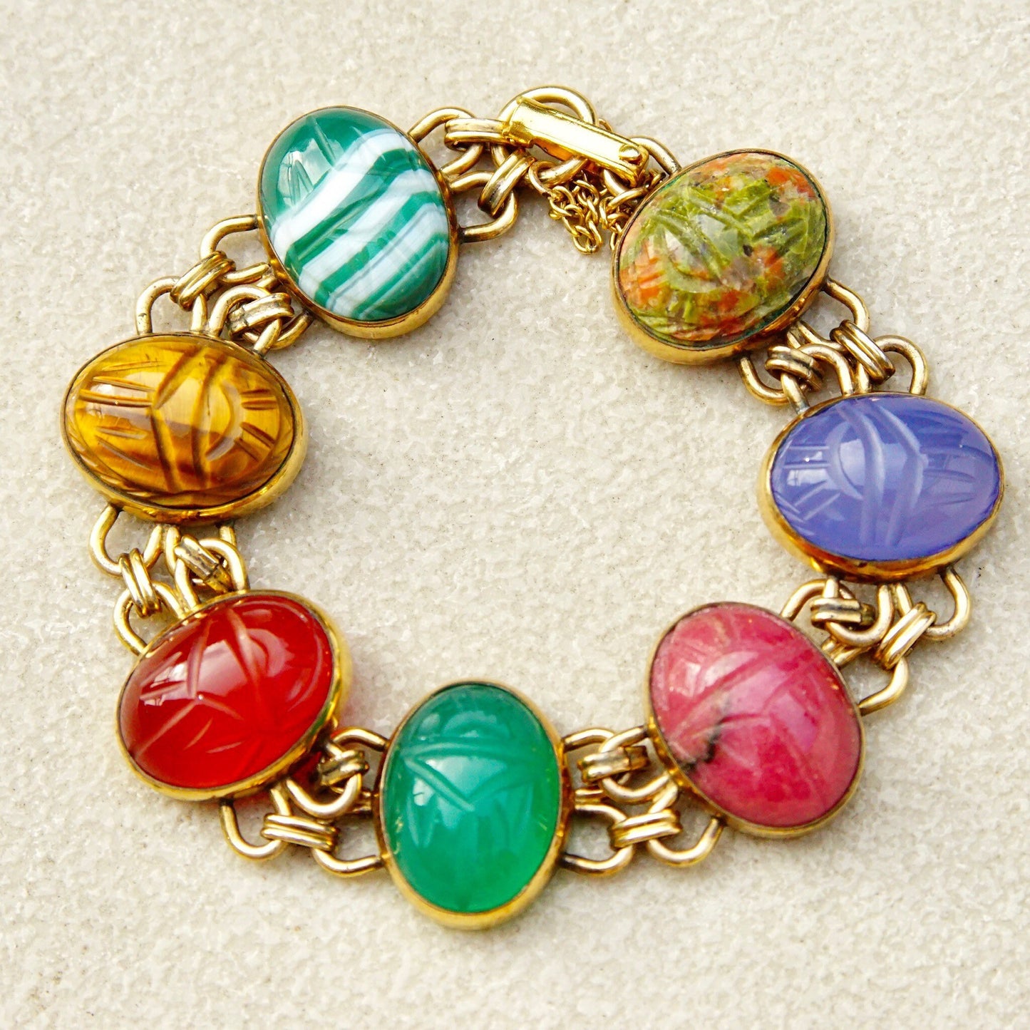 Vintage 14KT Gold Filled Multi-Stone Scarab Bracelet, Double Link Carved Gemstone Bracelet, 7 Scarab Beads, Security Chain, 6 1/2" L