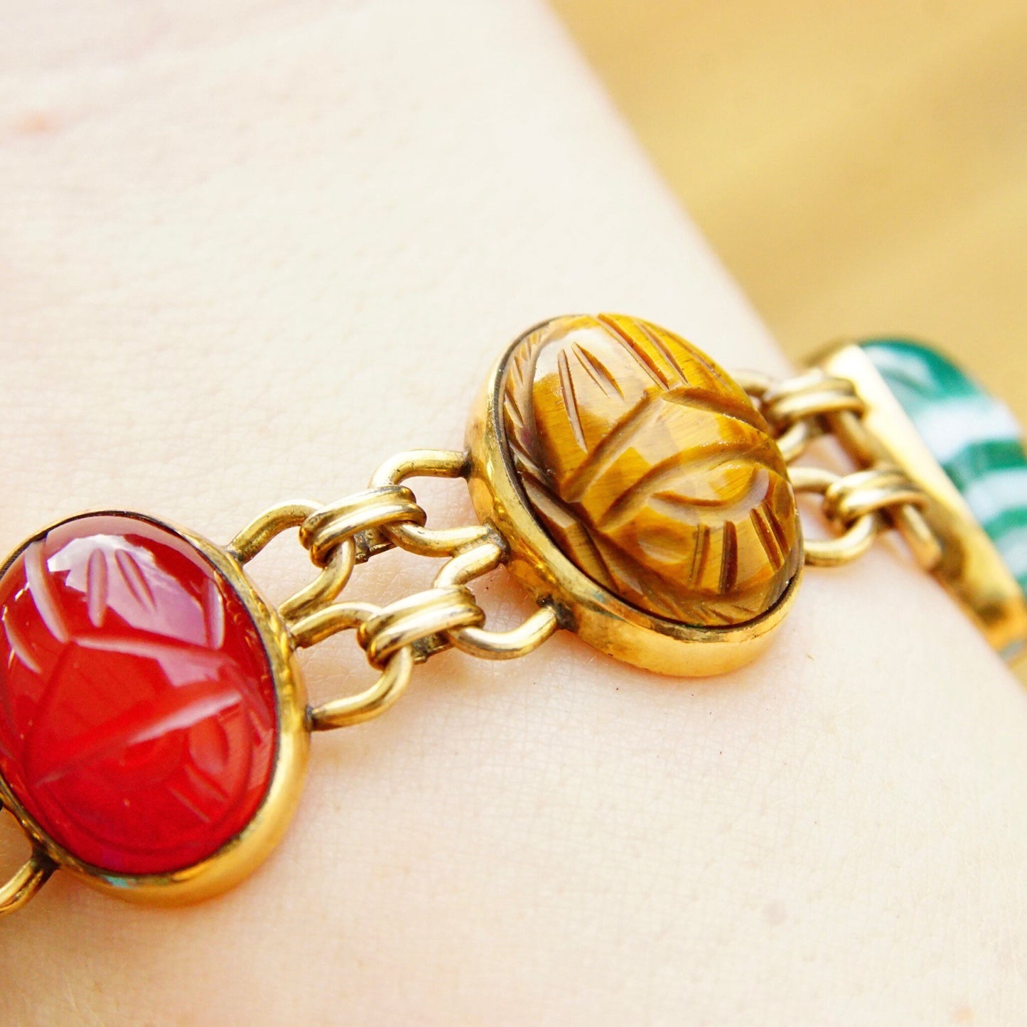 Vintage 14KT Gold Filled Multi-Stone Scarab Bracelet, Double Link Carved Gemstone Bracelet, 7 Scarab Beads, Security Chain, 6 1/2" L