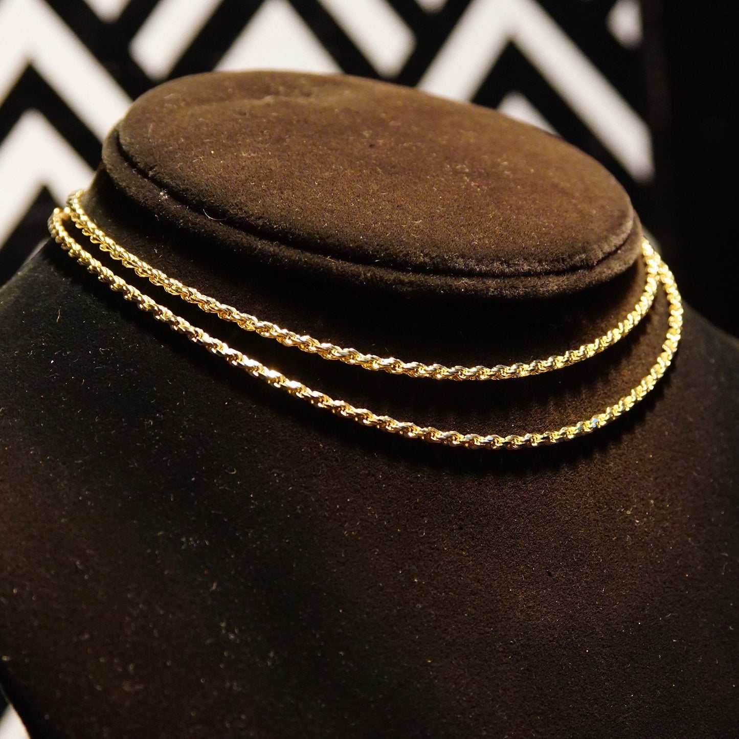 Vintage 14K yellow gold rope chain necklace, 2.5mm thick, unisex pendant chain, 24 inches long, 585 gold jewelry, on black and white patterned background