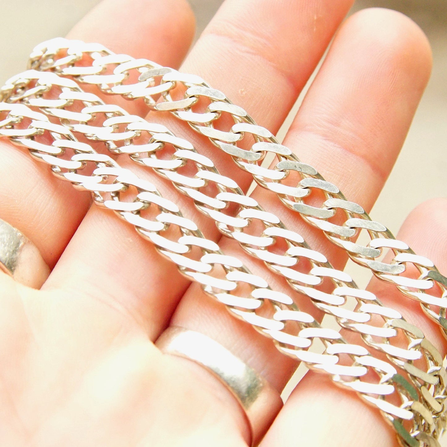 Vintage Italian Sterling Silver Curb Link Chain, 7mm Flat Silver Chain Necklace, Long Thick Sterling Chain, Unisex, Italy 925, 23 1/2" Long