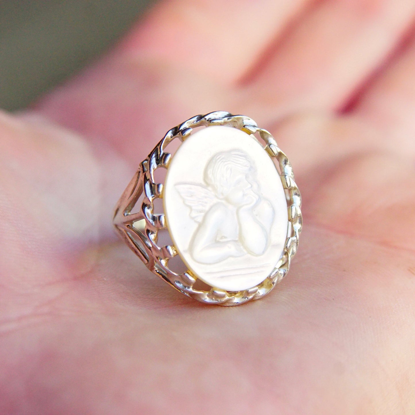 Vintage Sterling Silver Mother Of Pearl Cherub Cameo Ring, Classic Relief Carving Of Iridescent White Shell, Baby Cupid, Size 10 1/2 US